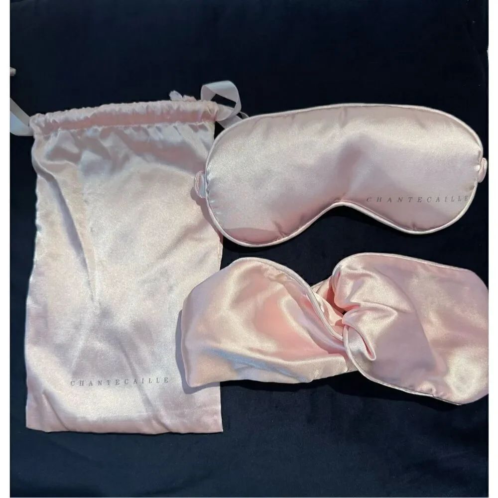 Chantecaille pink satin eye mask and headband with pouch